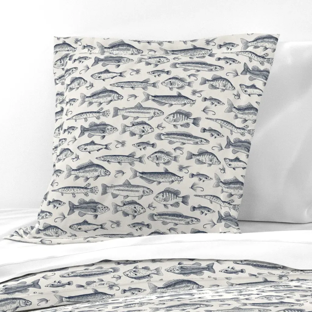 Small Scale Navy Freshwater Fish Toile Euro Pillow Sham - Dark Blue product