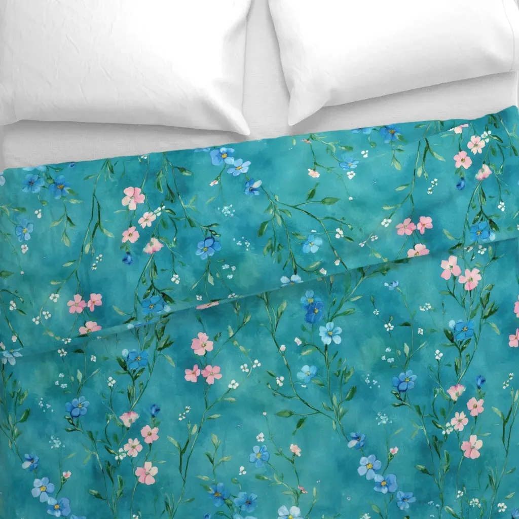 Small Scale Watercolour Floral Duvet Cover - Teal alternate view