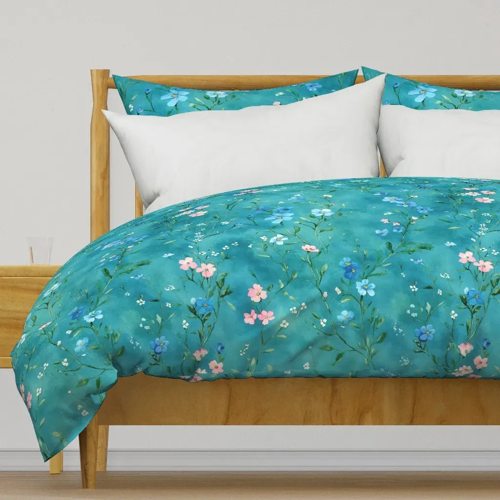 Small Scale Watercolour Floral Duvet Cover - Teal product