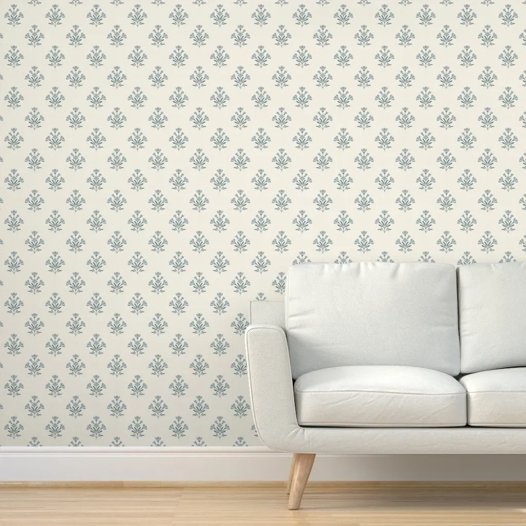 Small Wild Florals Boho Block Print Peel and Stick Wallpaper - Blue, Beige product