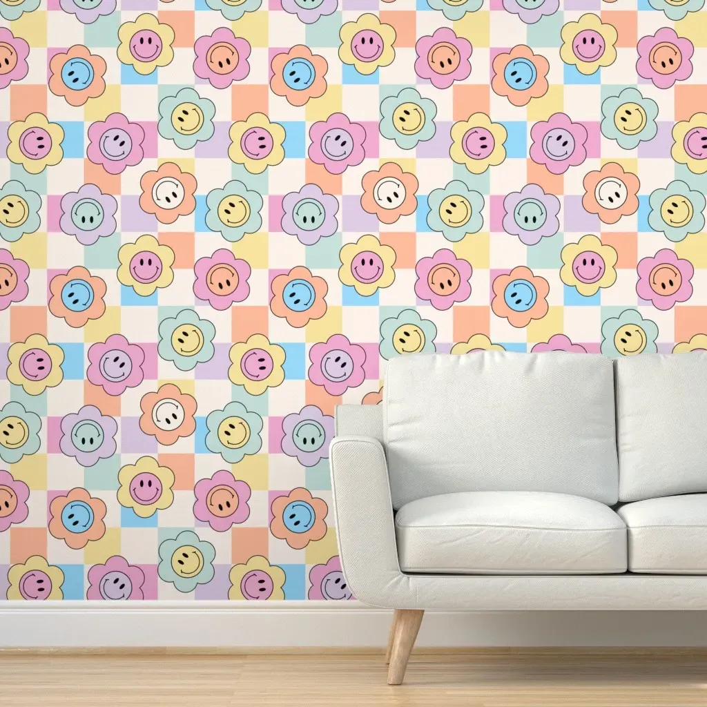 Smiley Face Flowers Checks Peel and Stick Wallpaper - Pastel Pink product