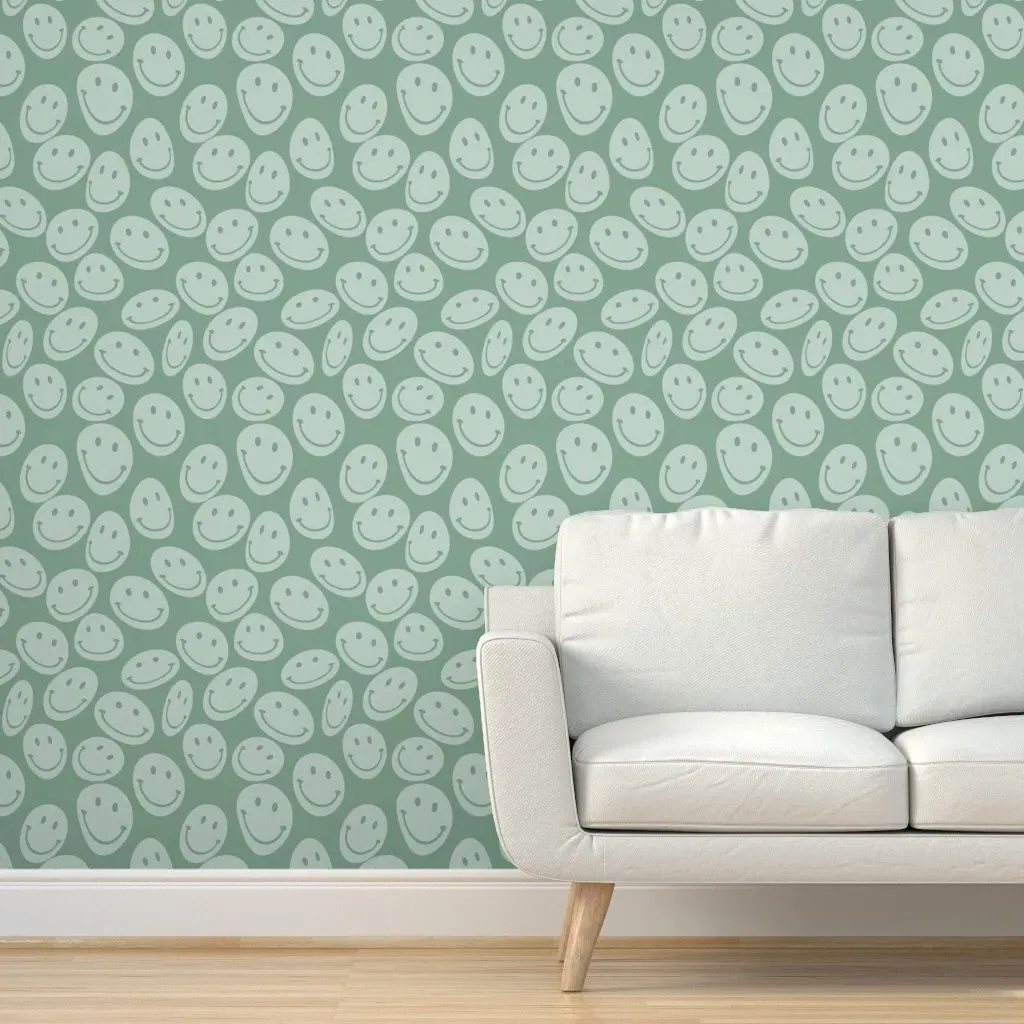 Smiley Face Melting Drip Psychedelic Peel and Stick Wallpaper - Seafoam Green product