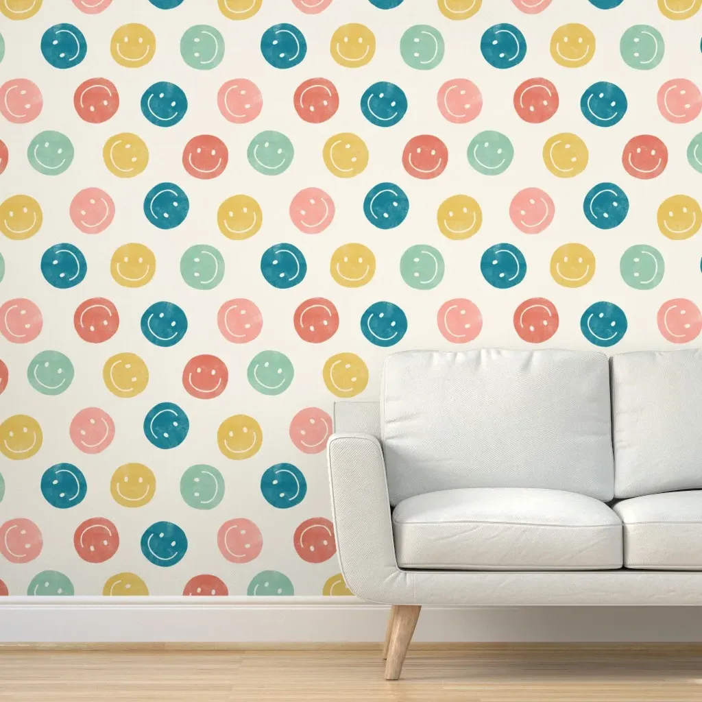 Smiley Faces Happy Peel and Stick Wallpaper - Multi Pink/Teal product