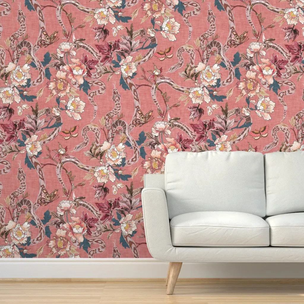 Snake And Peony Peel and Stick Wallpaper - Vintage Pink product