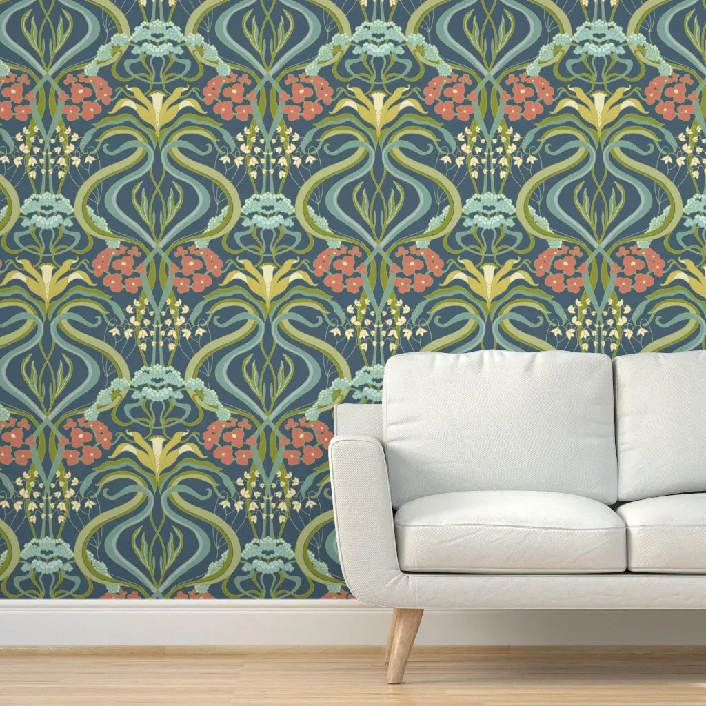 Snow Drops Daffodils Art Nouveau Damask Wallpaper - Teal product