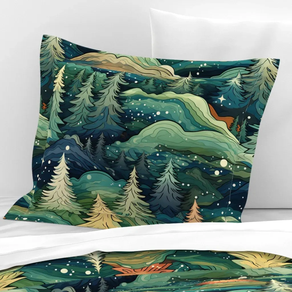 Snowy Forest Wide Cotton Sateen Standard Flanged Cushion - Deep Teal product