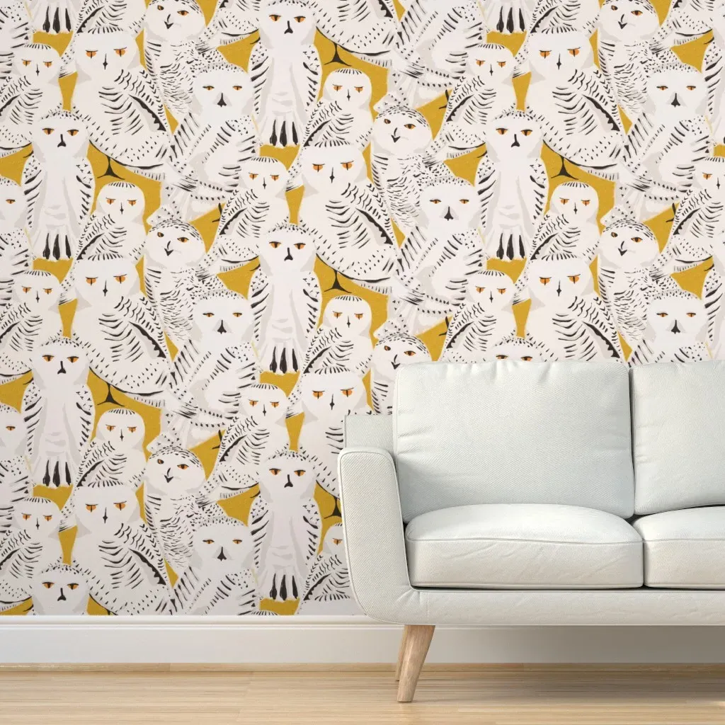 Snowy Owls Peel and Stick Wallpaper - White, Mustard product