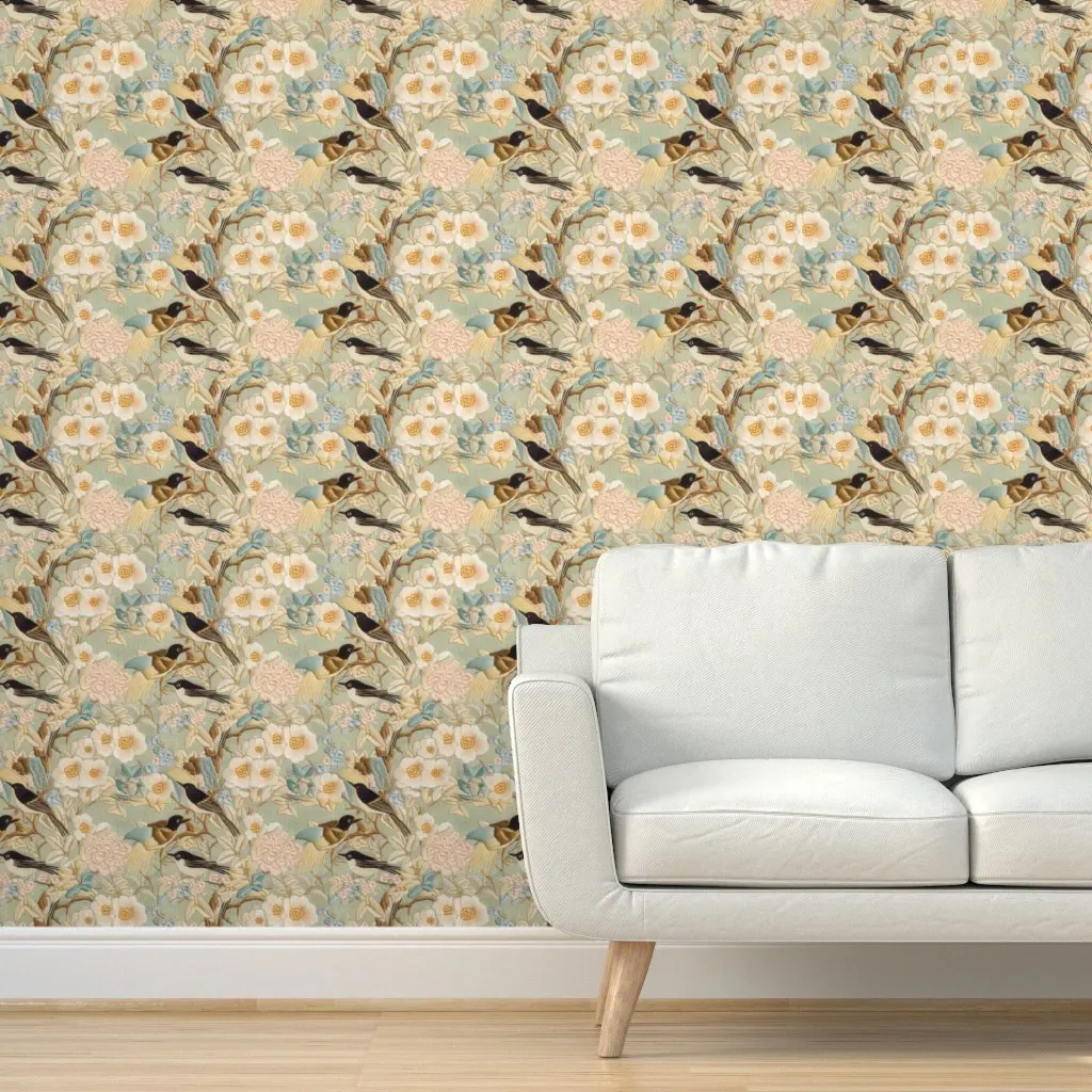 Soft Pastel Floral Embroidery with Birds Peel and Stick Wallpaper - Sage Green product