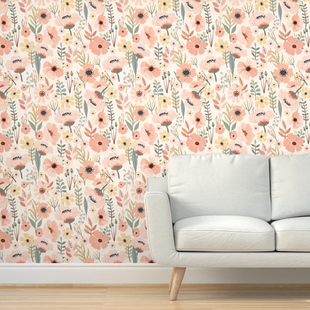 Soft Pink Garden Peel and Stick Wallpaper - Ivory product