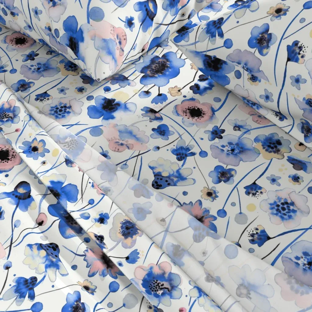 Soft Watercolor Flowers Pastel Florals Queen Sheet Set - Blue alternate view