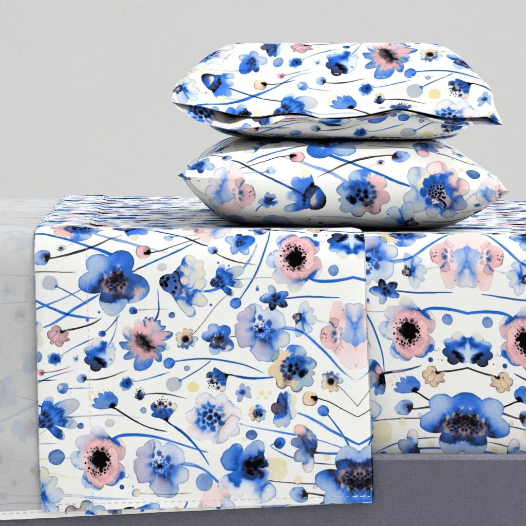 Soft Watercolor Flowers Pastel Florals Queen Sheet Set - Blue product