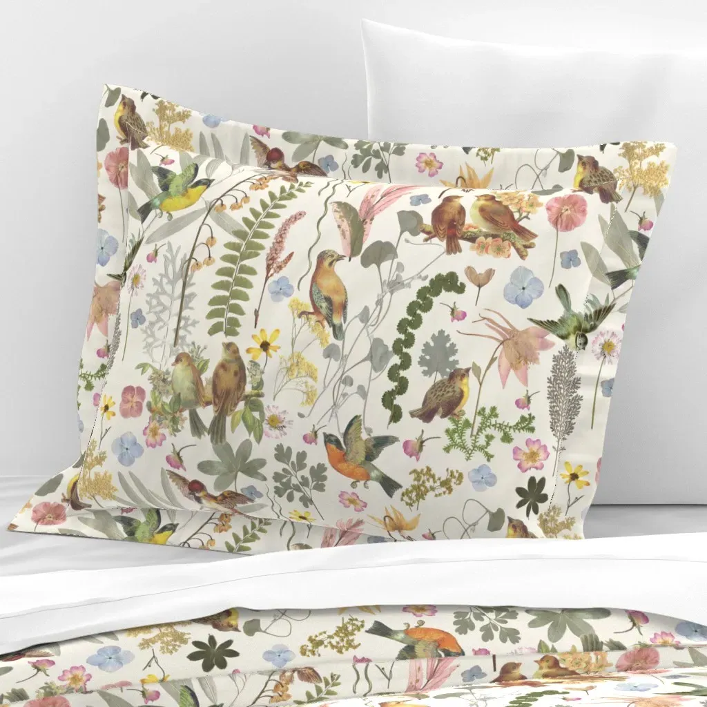 Song Bird Garden Standard Flanged Cushion Cover - Cream, Cotton Sateen product