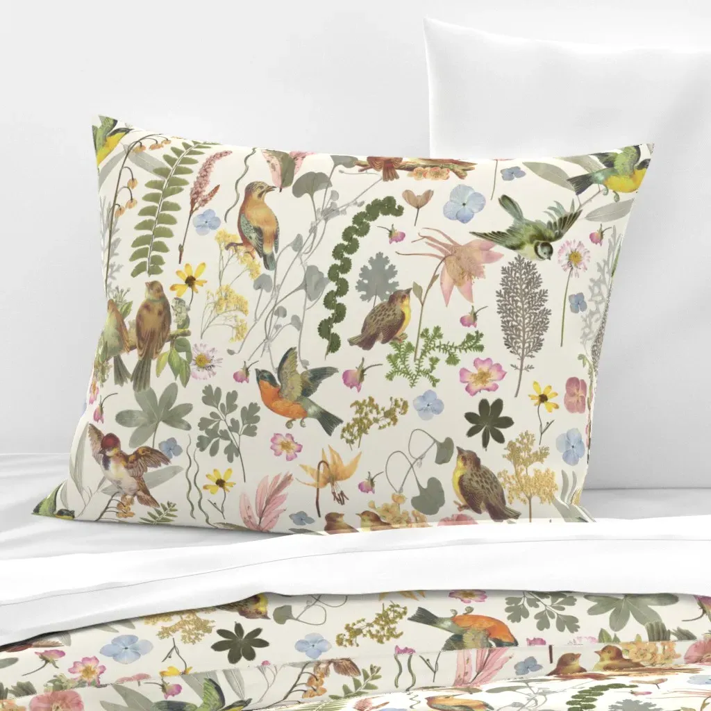 Song Bird Garden Standard Knife Edge Cushion Cover - Cream, Cotton Sateen product