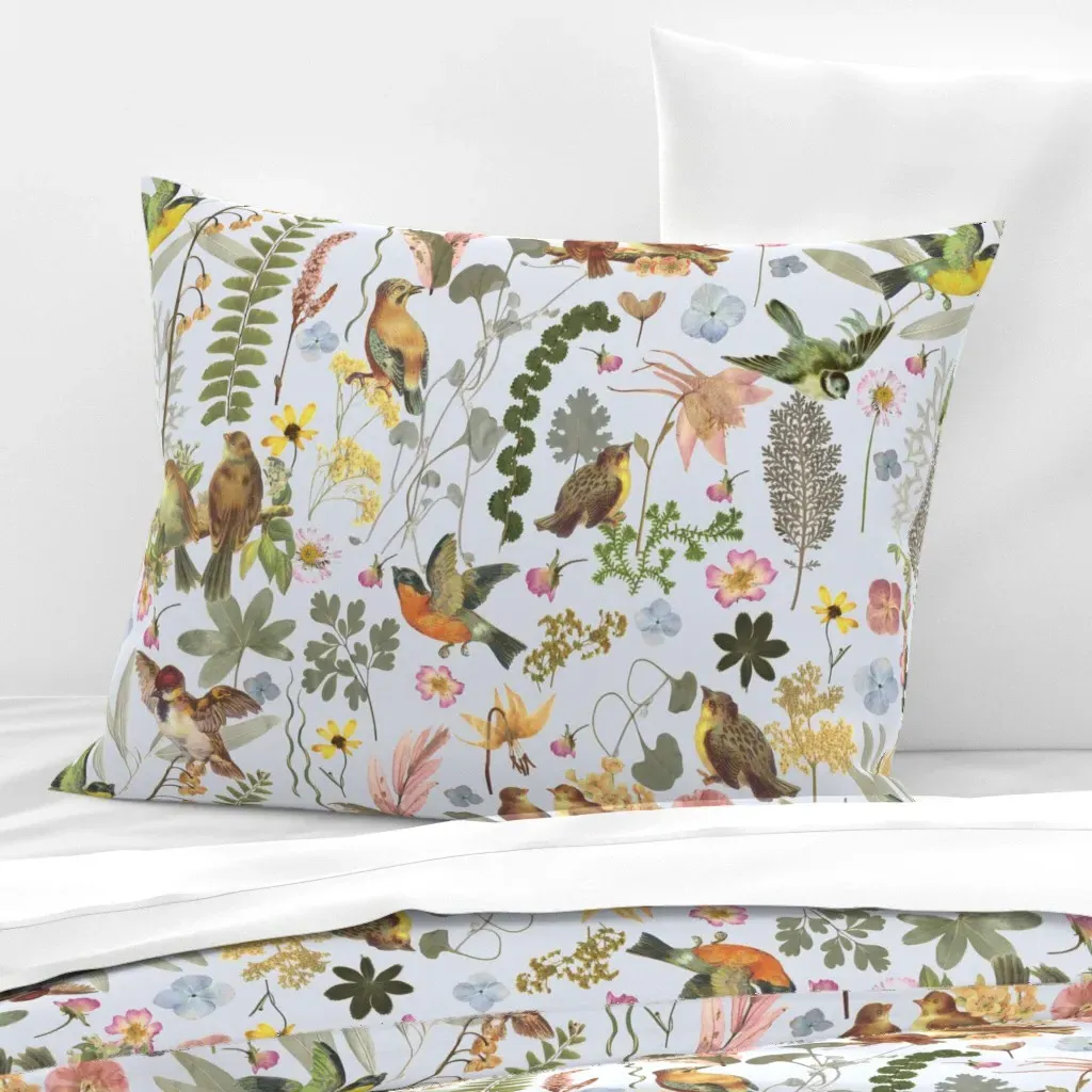 Song Bird Garden Standard Knife Edge Cushion - Light Blue, Cotton product