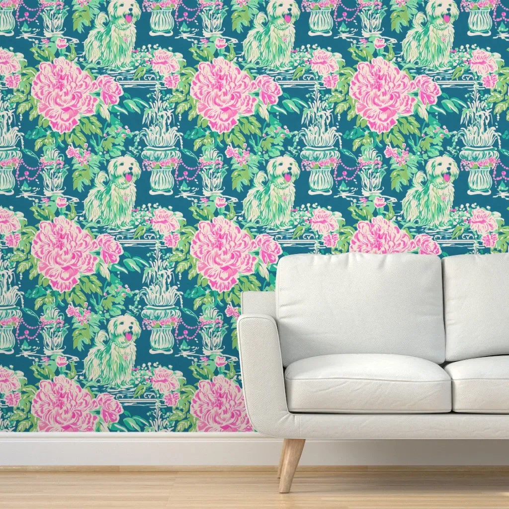 Southern Garden Party Dog Floral Toile Peel and Stick Wallpaper - Teal product