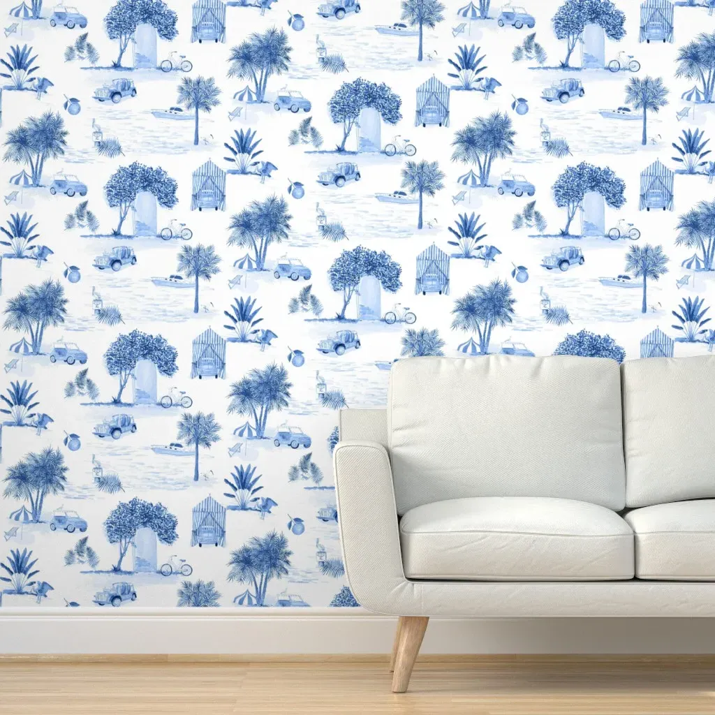 Southern Palms Toile Peel and Stick Wallpaper - Cobalt Blue product