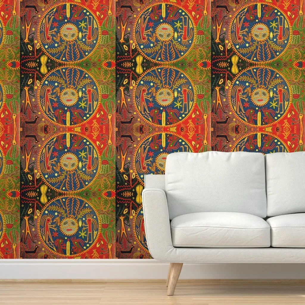 Southwest Huichol Sun Ritual Peel and Stick Wallpaper - Blue product