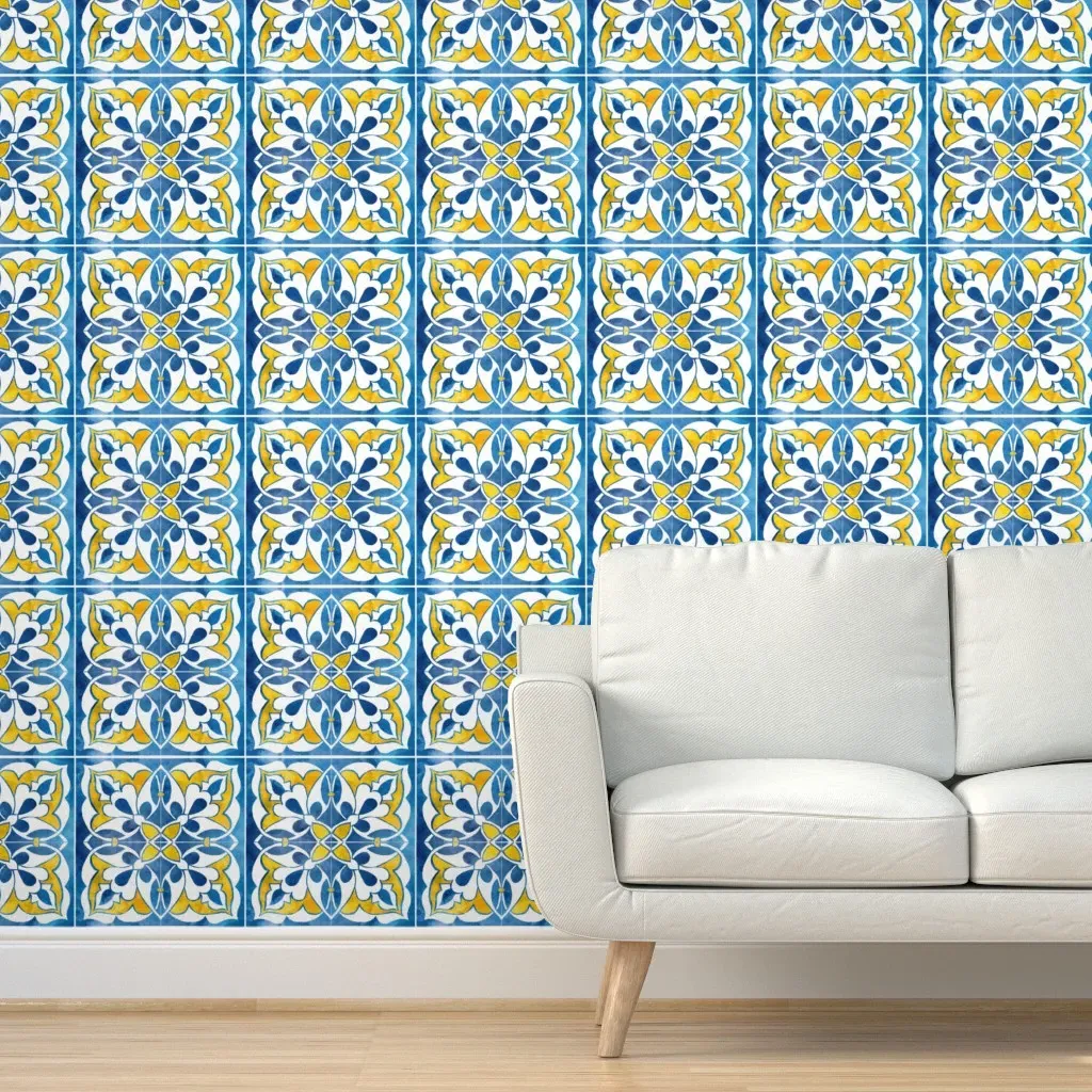 Spanishtile2 Peel and Stick Wallpaper - Blue, Gold, Sage product