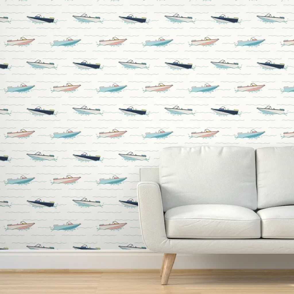 Speed Boats Lake Life Peel and Stick Wallpaper - Light Blue product