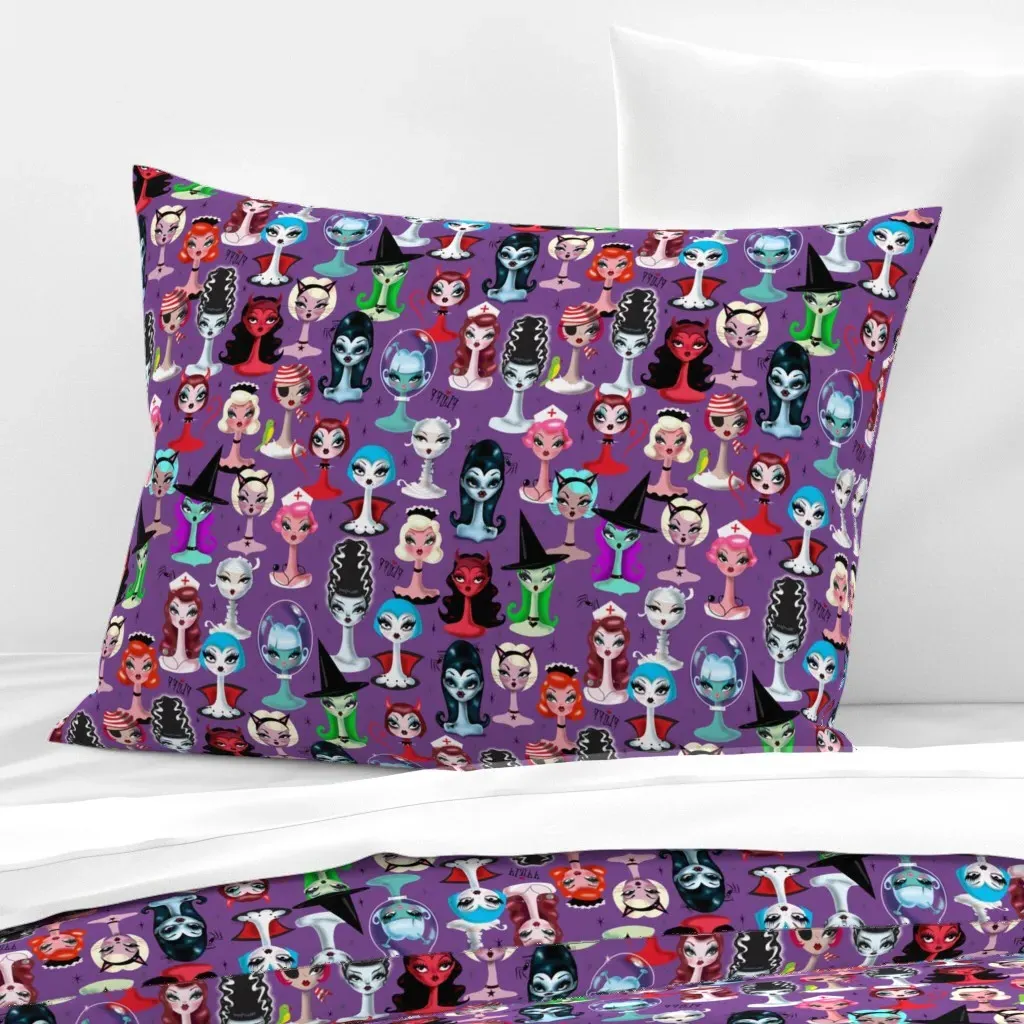 Spooky Dolls Standard Knife Edge Cushion - Purple, Cotton Sateen product