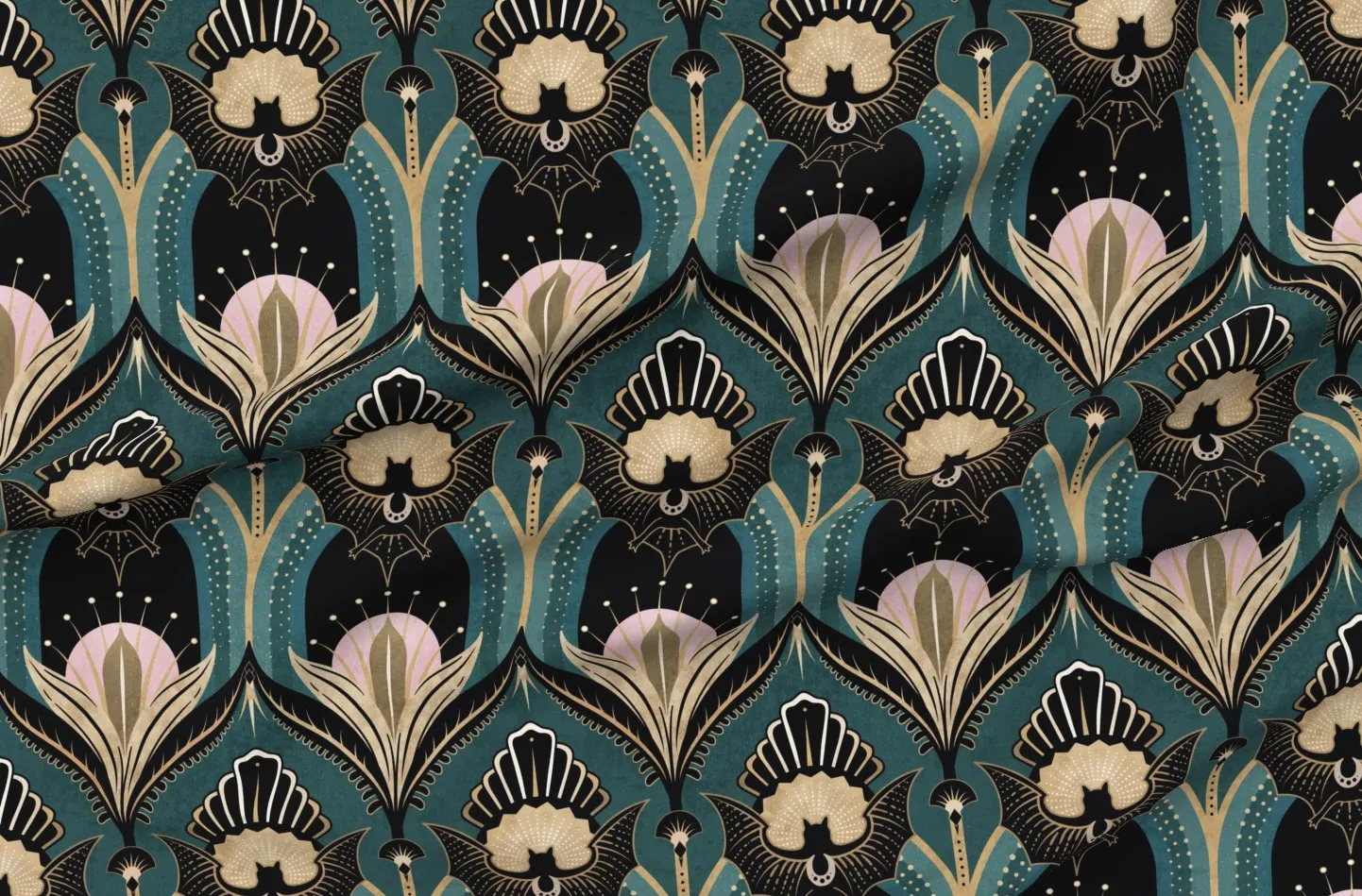 Sport Pique Art Deco Bats and Flowers Fabric - Light Teal product