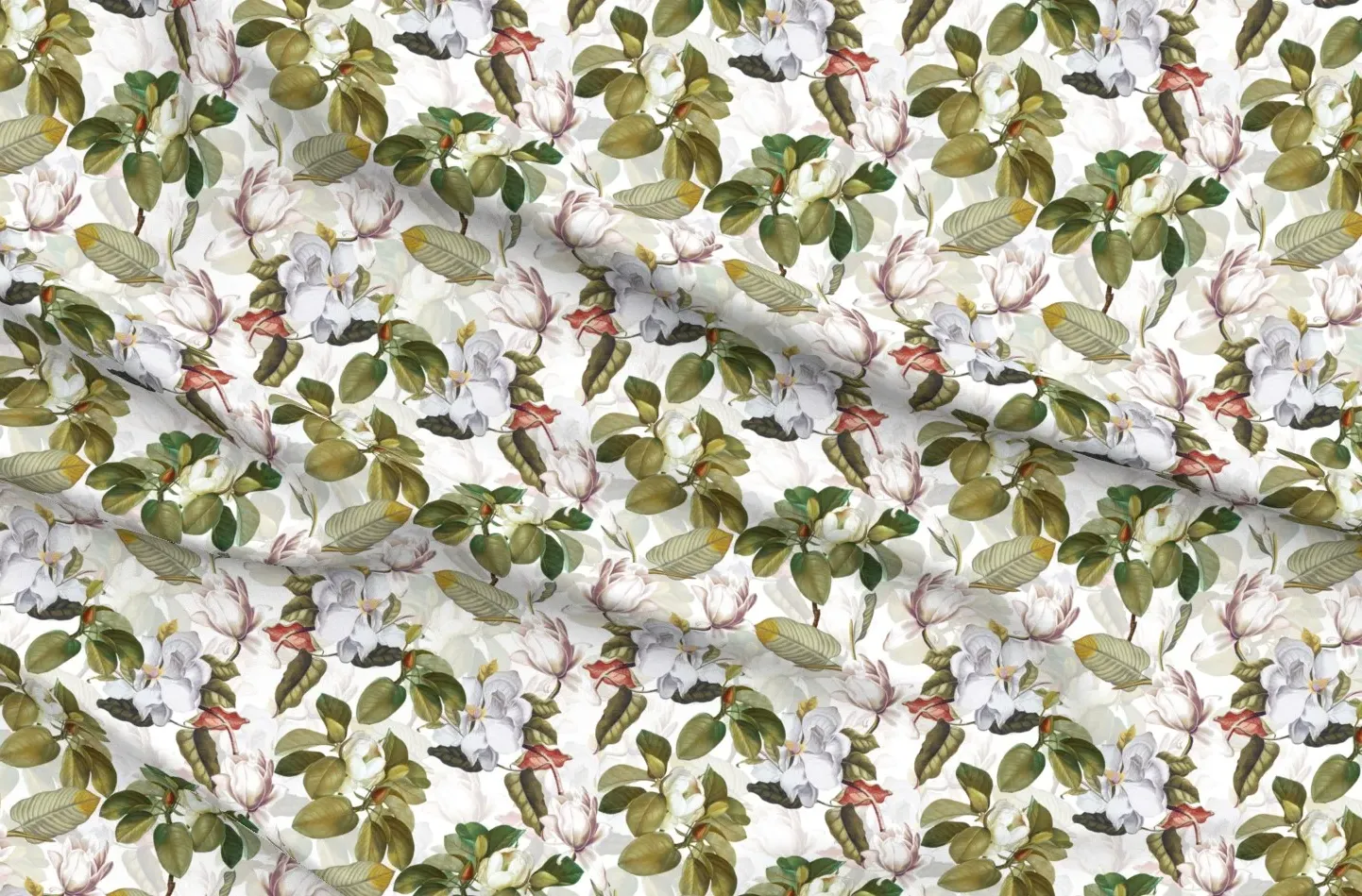 Sport Pique Botanical Magnolia Print Fabric - White product