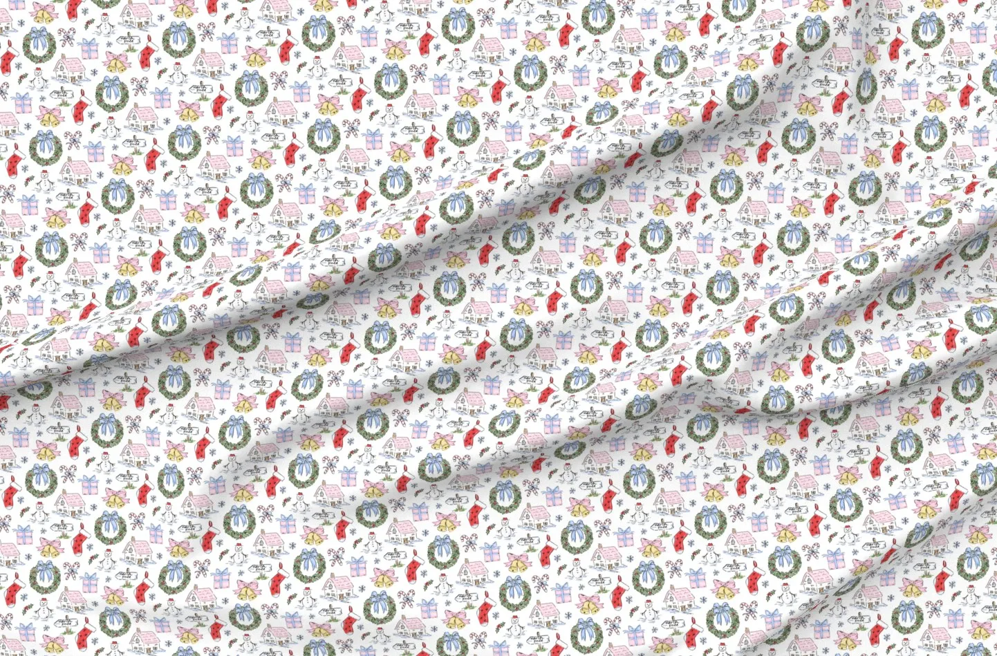 Sport Pique Christmas Toile Watercolor Fabric - Pink, Cotton Pique product