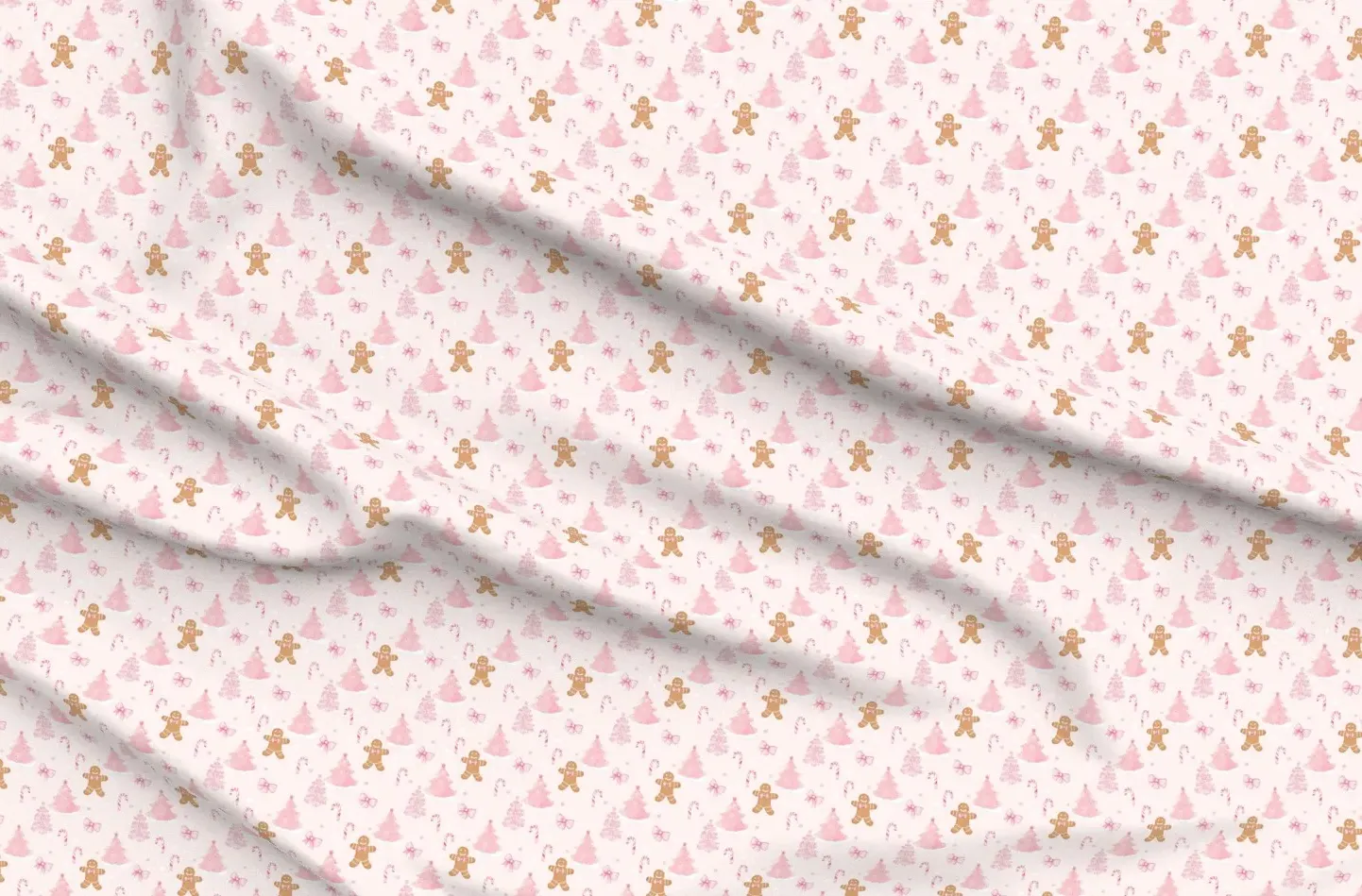 Sport Pique Christmas Trees & Gingerbread Print Fabric - Pink product