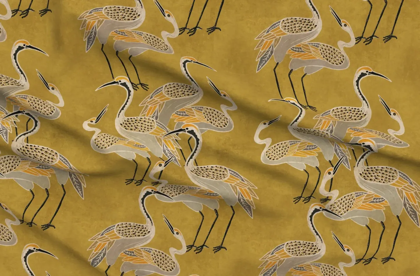 Sport Pique Deco Cranes Print Fabric by the Yard - Spicy Mustard product