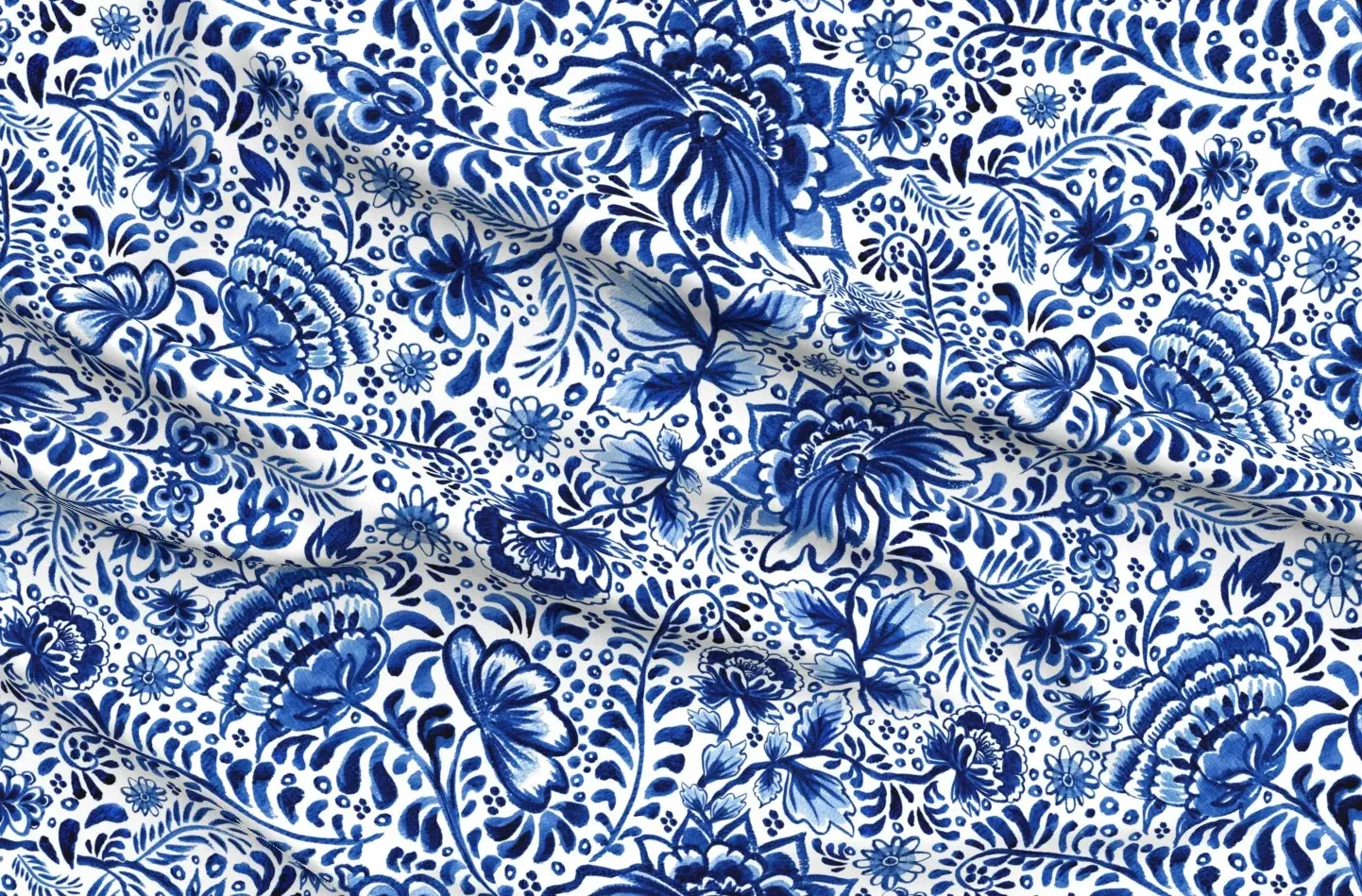 Sport Pique Delft Blue Indian Flowers Fabric - Blue product