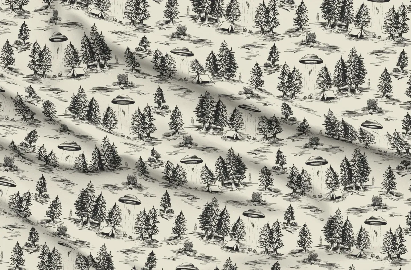 Sport Pique Large-Scale Alien Abduction Toile De Jouy Fabric - Black, Beige product
