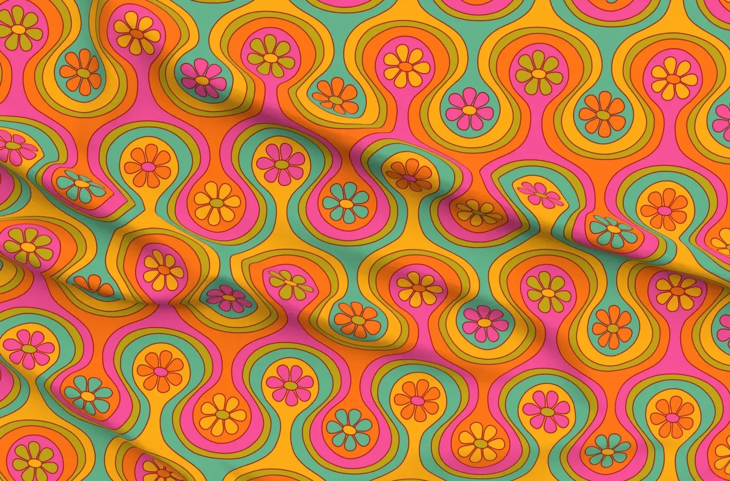 Sport Pique Large Scale Groovy 60S Flower Pattern Fabric - Orange product