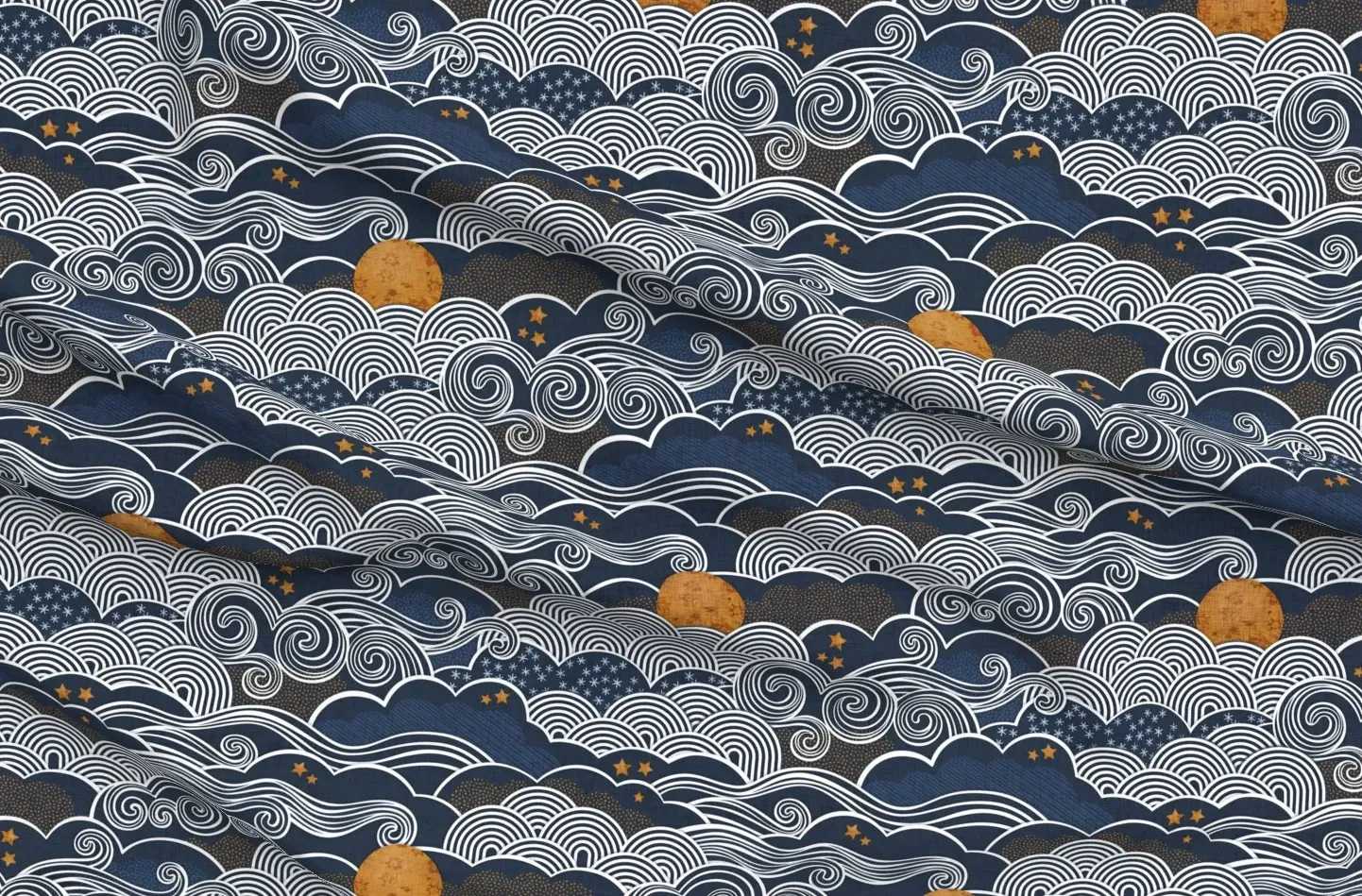 Sport Pique Night Sky Full Moon Stars Fabric - Blue, White product