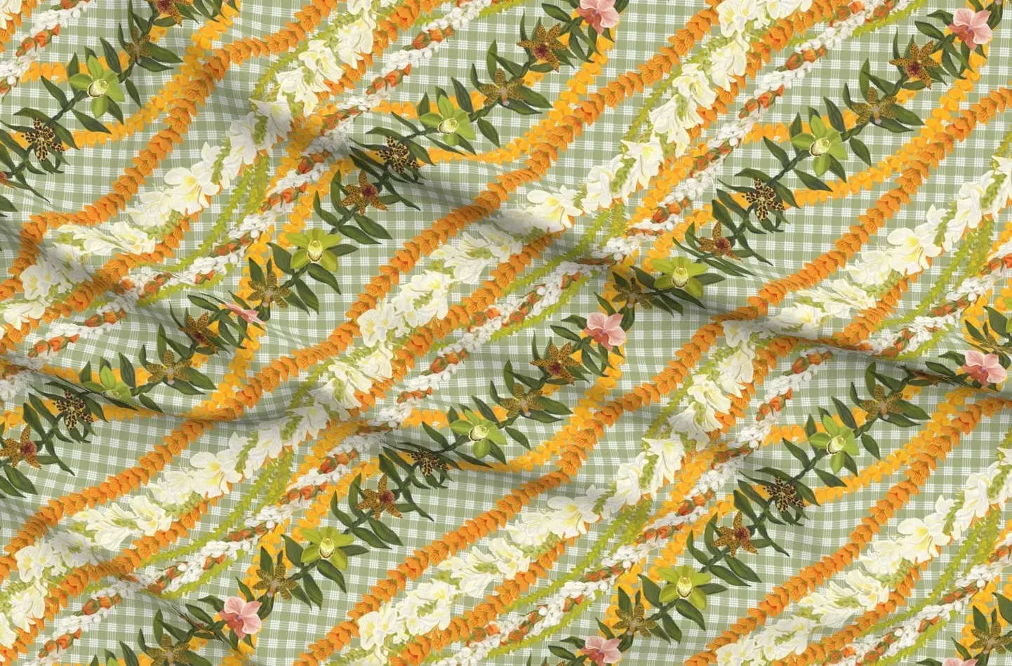 Sport Pique Pikake Rose Lei Ginger Ilima Fabric - Orange product