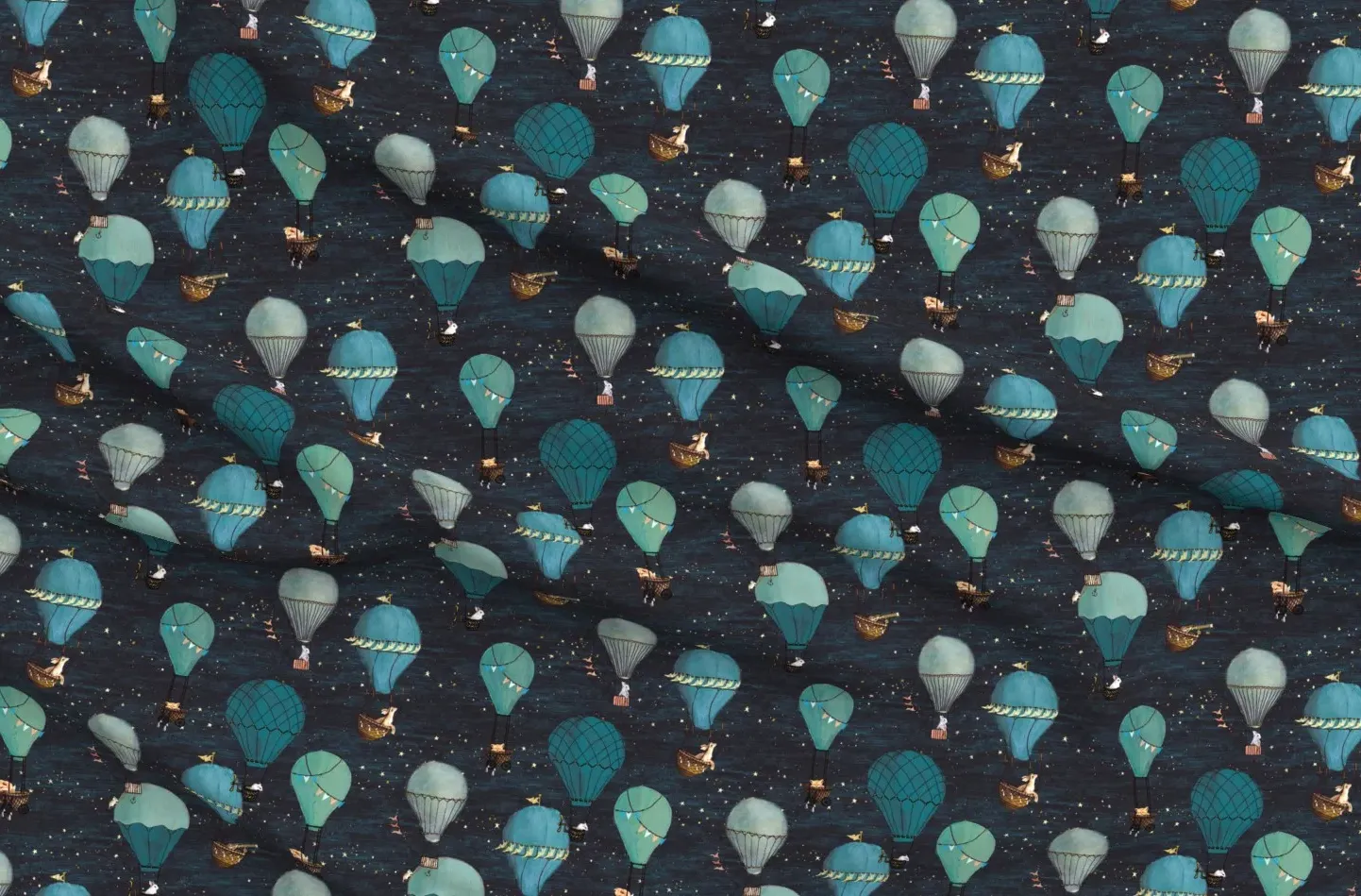 Sport Pique Printed Fabric Woodland Animals Hot Air Balloon - Blue product