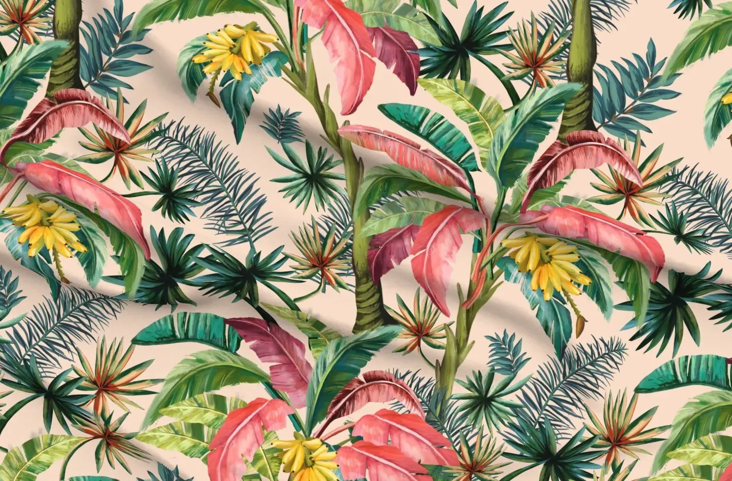 Sport Pique Tropical Banana Palm Leaves Fabric - Pink product