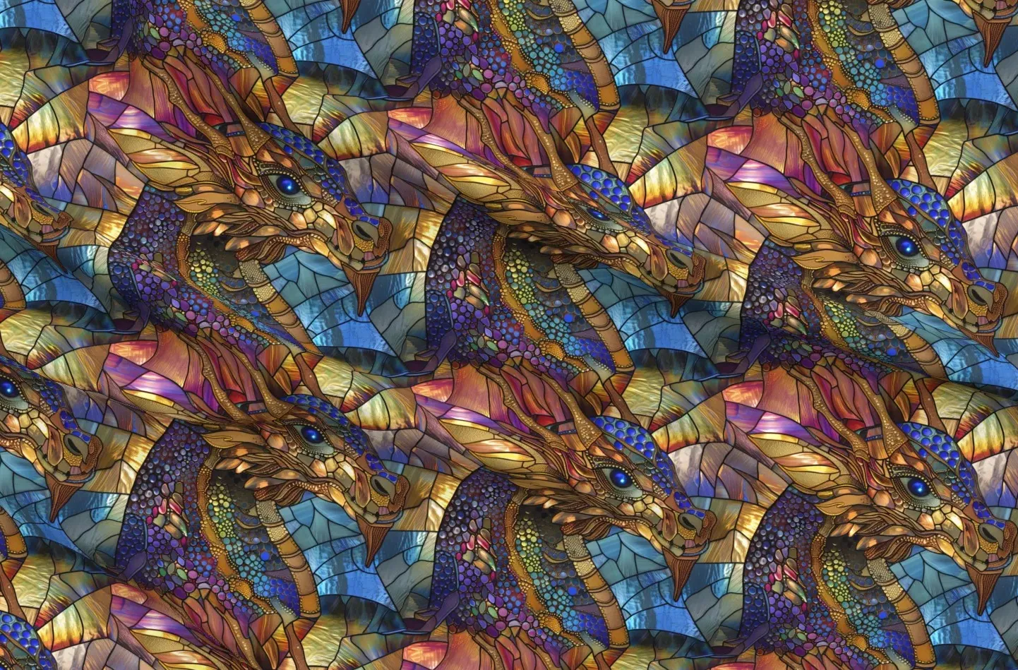 Sport Pique Watercolor Stained Glass Jeweled Dragon Fabric - Gold product