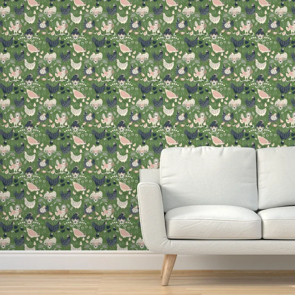 Spring Chickens Peel and Stick Wallpaper - Olive Green product