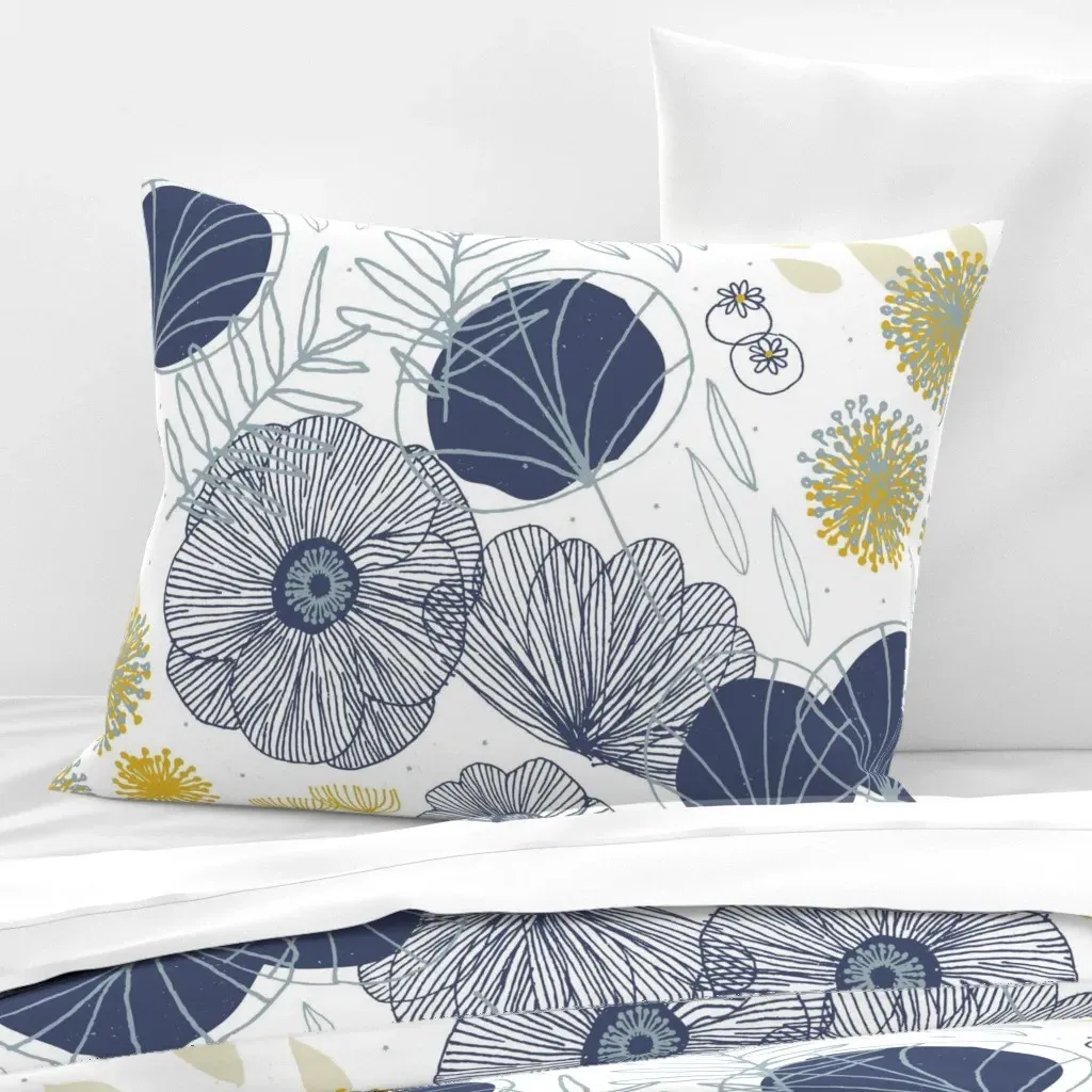 Spring Floral White Navy Standard Knife Edge Cushion - Navy Blue, Cotton Sateen product