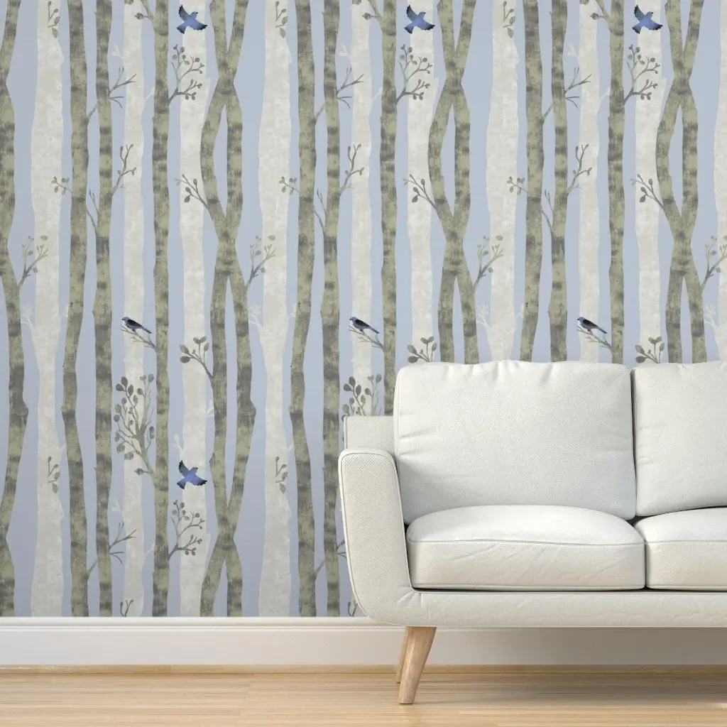 Spring Forest Blue Birds Peel and Stick Wallpaper - Light Blue product