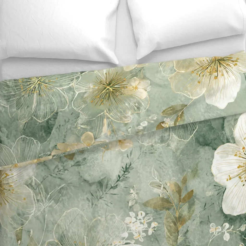 Spring Orchard Bloom Soft Sage Duvet Cover - White alternate view