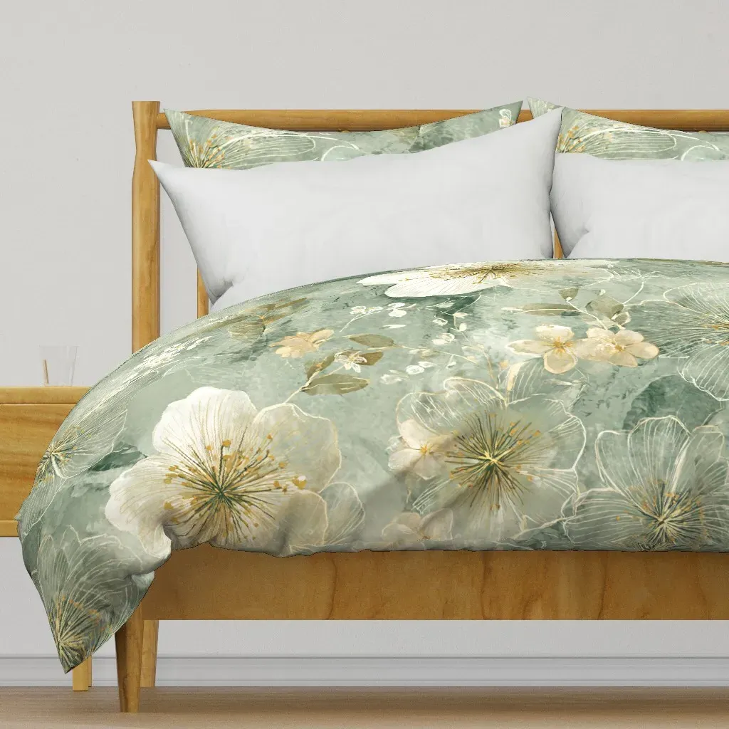 Spring Orchard Bloom Soft Sage Duvet Cover - White product