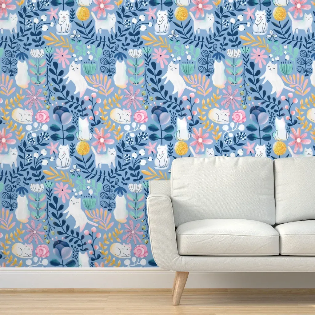 Spring White Cats Peel and Stick Wallpaper - Blue, Pink, Purple product