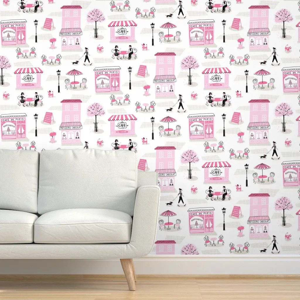Springtime In Paris Cafe Peel and Stick Wallpaper - White, Pink product