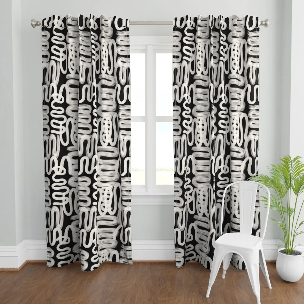 Squiggle Cream On Black Curtain Panel - White product
