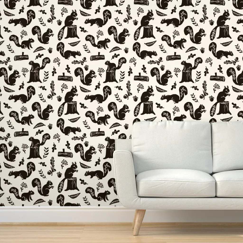 Squirrels Oak Leaves Woodland Peel and Stick Wallpaper - Black, White product
