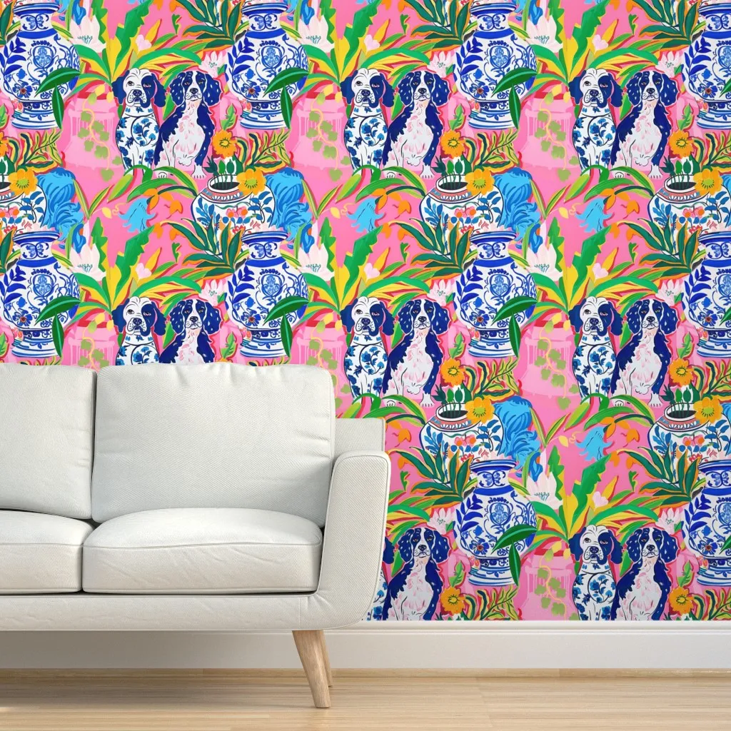 Staffordshire Dogs Chinoiserie Jars Peel and Stick Wallpaper - Pink product