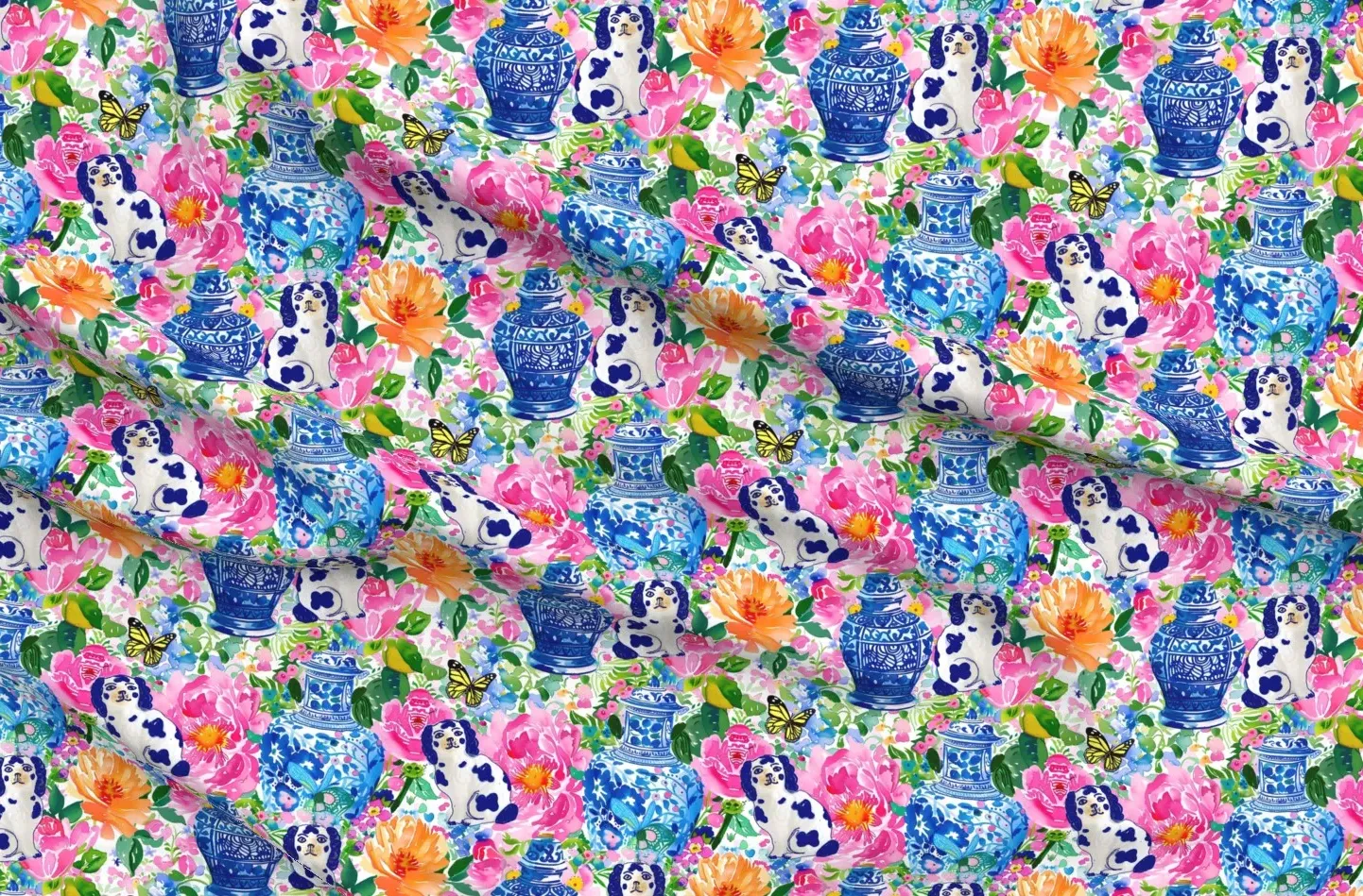 Staffordshire Dogs & Ginger Jars Peonies Garden Fabric - White product