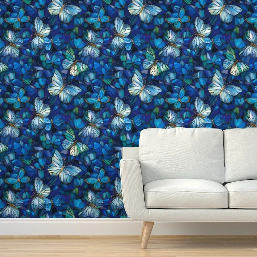 Stained Glass Butterflies Peel and Stick Wallpaper - Blue product