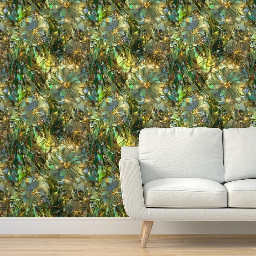 Stained Glass Dandelion Dream Peel and Stick Wallpaper - Emerald Green product